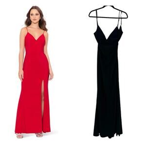 XSCAPE Ruched Slit V Neck Evening Dress Back knot Sleeveless Black Size 12 NWT